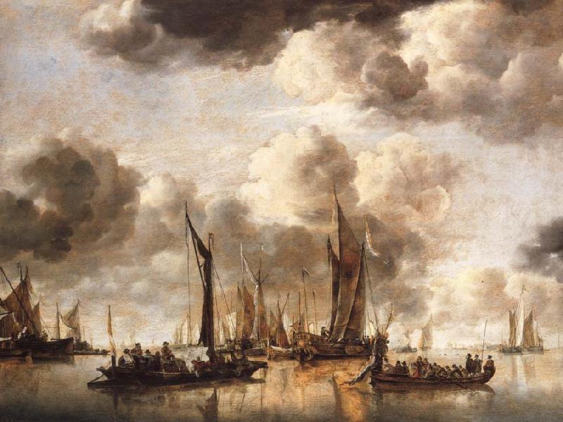 Jan van de Cappelle A Dutch Yacht Firing a Salute as a Barge Pulls Away and Many Small vessels at Anchor Germany oil painting art